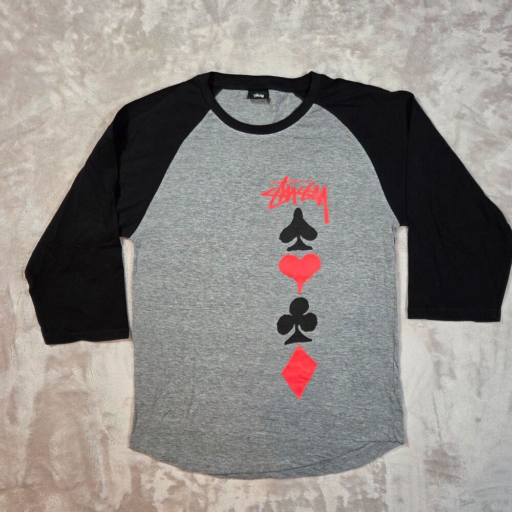 Stussy Full Deck Raglan Shirt Mens XL Gray Black 3/4 Sleeve Cotton NWOT